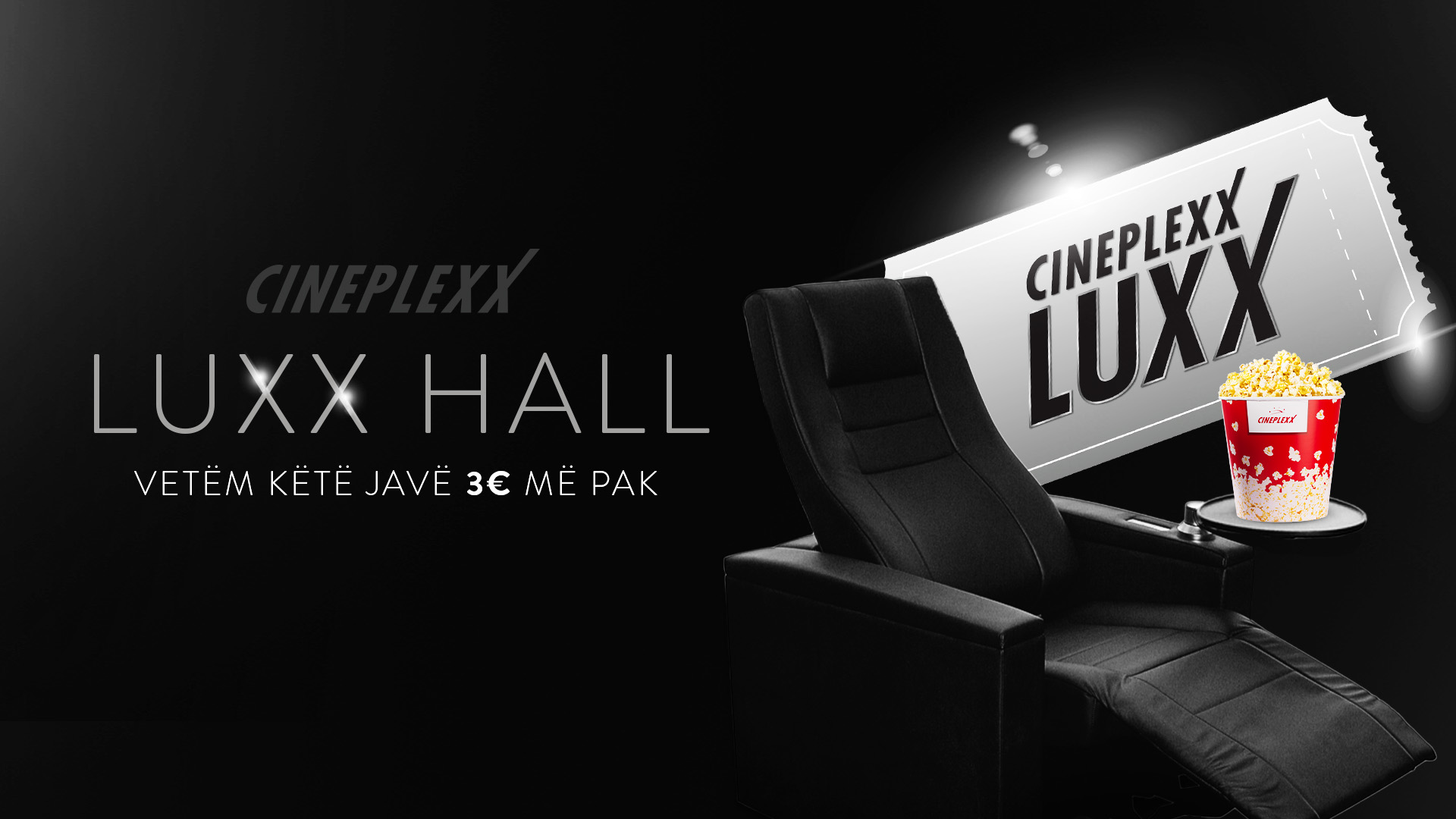 Cineplexx LUXX Hall promotional design with a reclining cinema seat