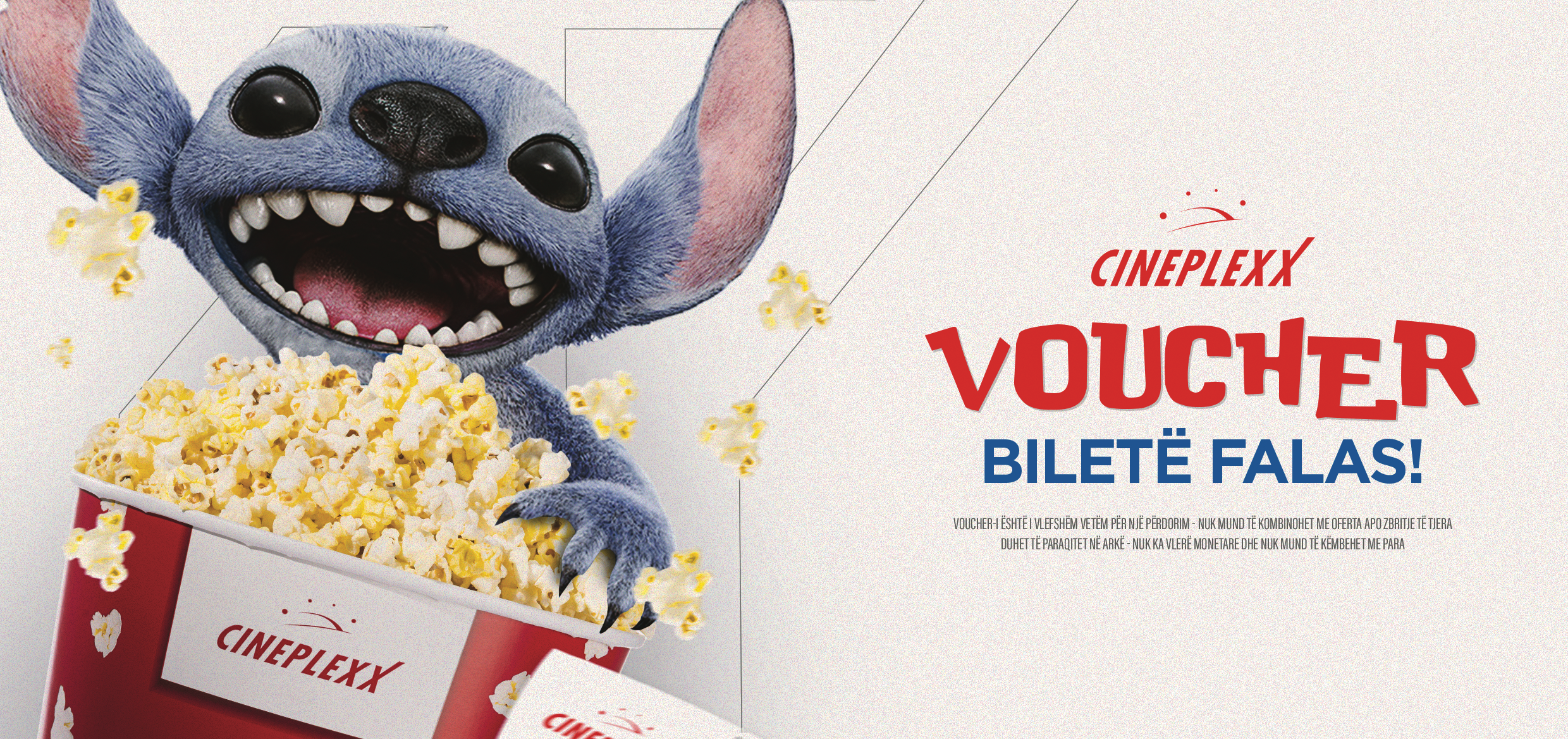 Cineplexx ticket voucher design featuring Stitch with a popcorn bucket