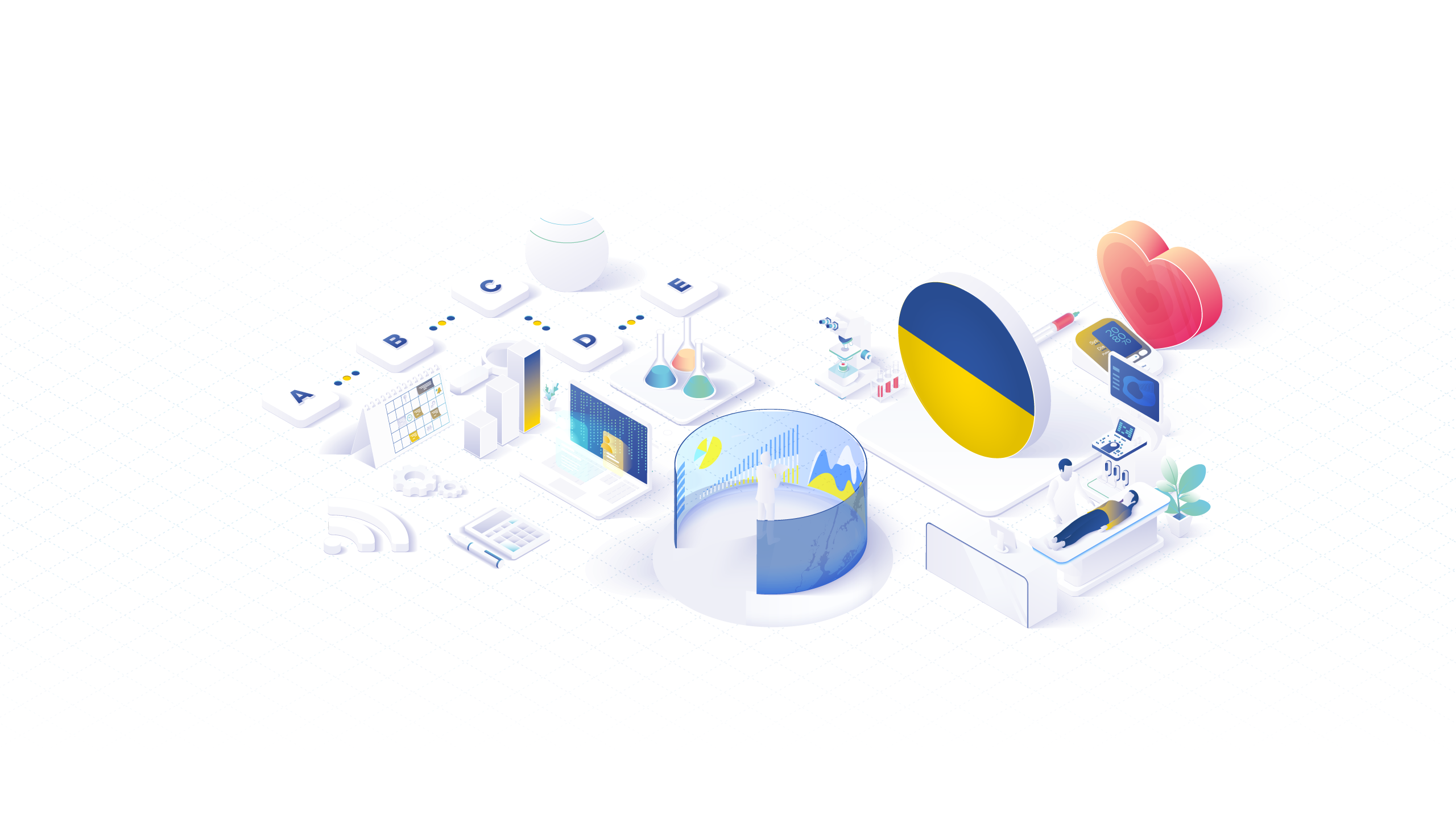 Text-free GFA investment case illustration featuring healthcare, data and Ukrainian national colours