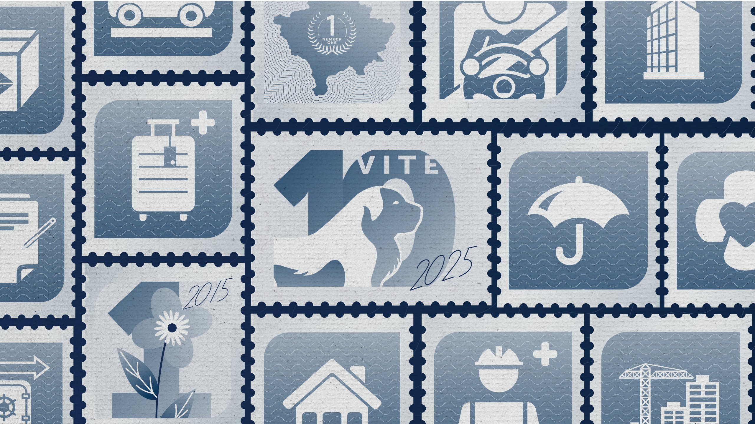 Scardian 2015–2025 anniversary identity with the ten-year mark and insurance-themed stamp illustrations